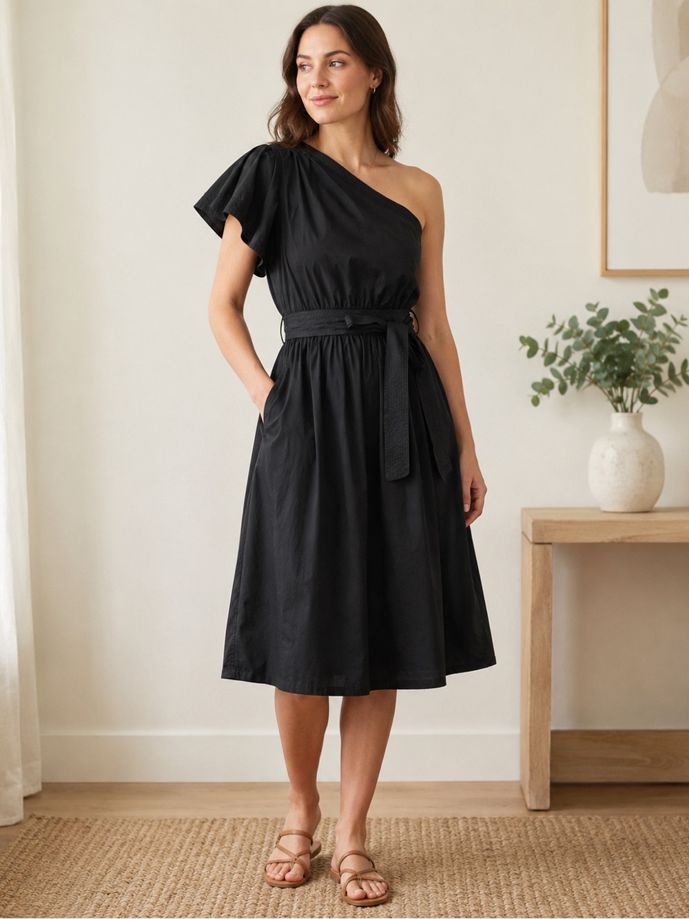 Madewell One-Shoulder Black Midi Dress with Waist Tie
